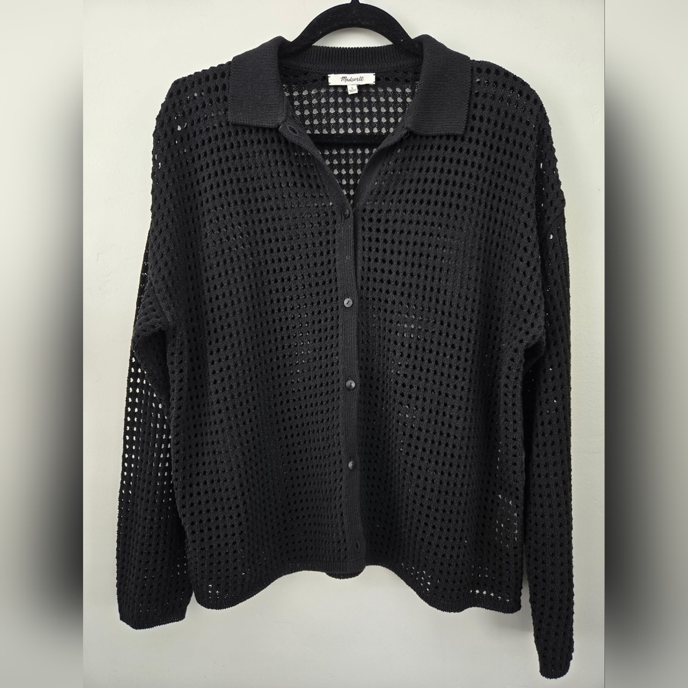 Madewell 100% Cotton Open-Stitch Polo Cardigan Sweater in Black. Size Large. - Picture 4 of 11
